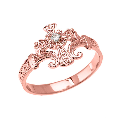 Rose Gold Solitaire Cubic zirconia Celtic Cross With Trinity Design Elegant Ring