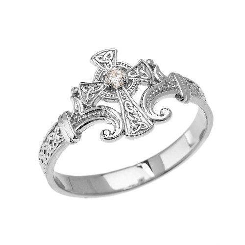 White Gold Solitaire Cubic zirconia Celtic Cross With Trinity Design Elegant Ring