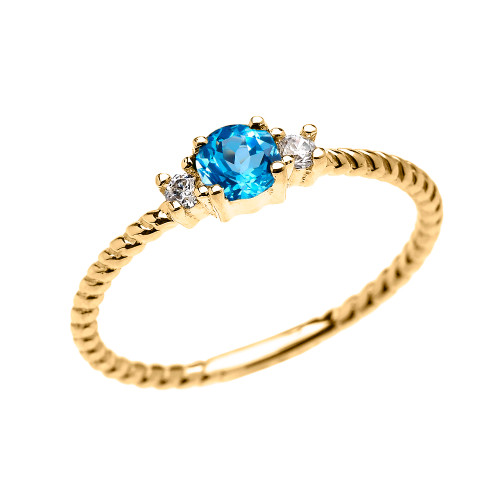 Yellow Gold Dainty Solitaire Blue Topaz and White Topaz Rope Design Promise/Stackable Ring