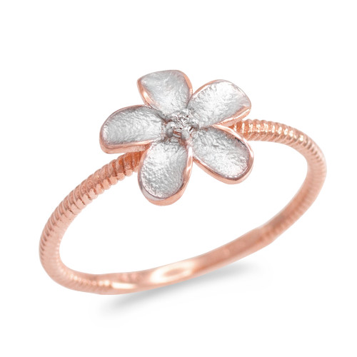 Two Tone Rose Gold Diamond Hawaiian Plumeria Flower Ring