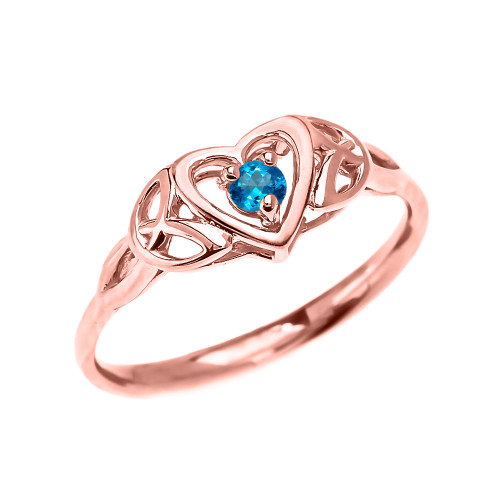 Trinity Knot Heart Solitaire Blue Topaz Rose Gold Proposal Ring