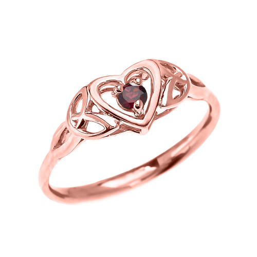 Trinity Knot Heart Solitaire Garnet Rose Gold Proposal Ring
