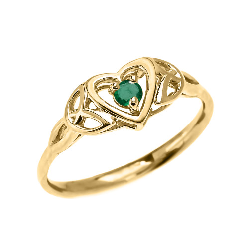 Trinity Knot Heart Solitaire Emerald Yellow Gold Proposal Ring