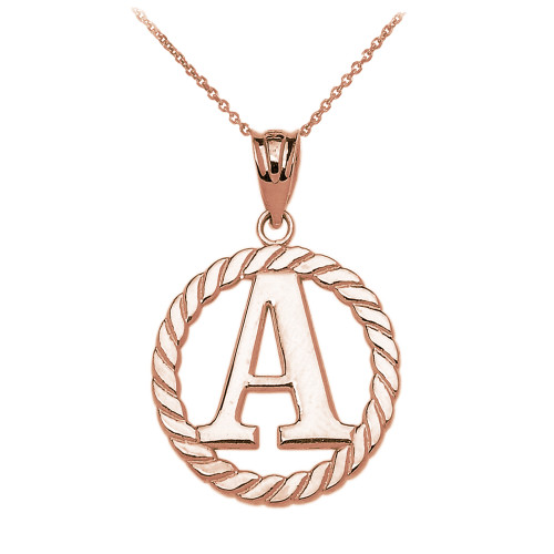 Rose Gold "A" Initial in Rope Circle Pendant Necklace