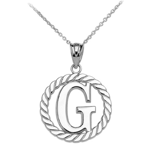 White Gold "G" Initial in Rope Circle Pendant Necklace