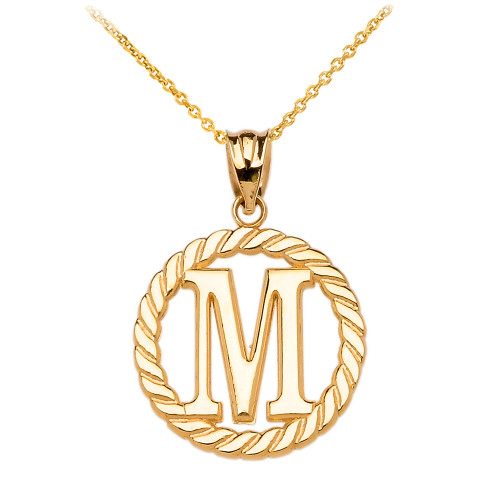 Yellow Gold "M" Initial in Rope Circle Pendant Necklace