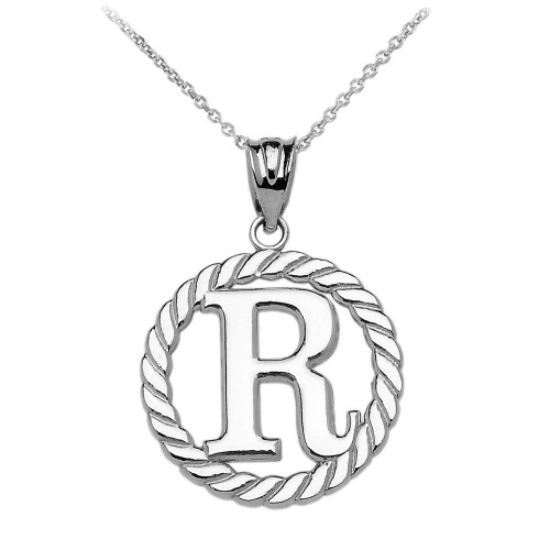 White Gold "R" Initial in Rope Circle Pendant Necklace