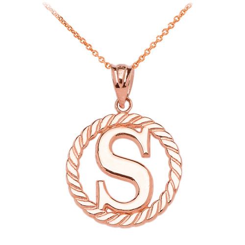 Rose Gold "S" Initial in Rope Circle Pendant Necklace