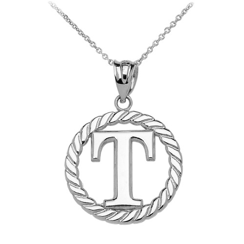 White Gold "T" Initial in Rope Circle Pendant Necklace