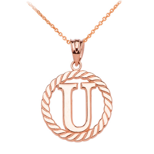 Rose Gold "U" Initial in Rope Circle Pendant Necklace