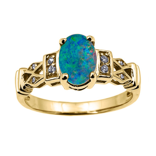 Yellow Gold Australian Opal Doublet and Diamond Engagement Proposal Ring
