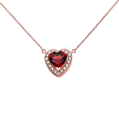 Elegant Rose Gold Diamond and January Birthstone Heart Solitaire Necklace