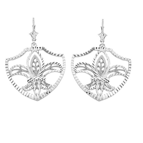 Sterling Silver Fleur De Lis Filigree Diamond Cut Dangling Earrings