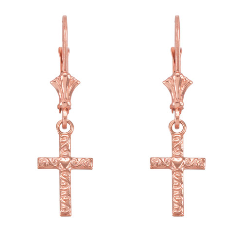 14k Rose Gold Twirl Heart Cross Earrings