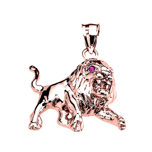 Rose Gold Red Cz Roaring Full Body Lion Pendant