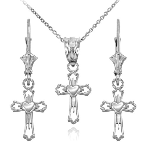 14k White Gold Heart Cross Necklace and Earring Set