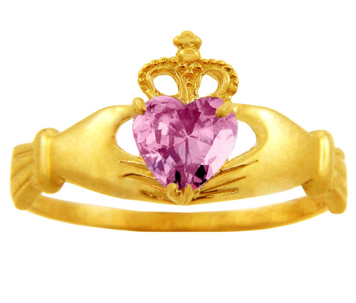 Gold pink sapphire CZ Claddagh ring.