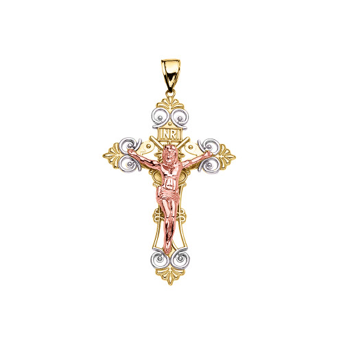 Tri-Color Yellow Gold INRI Crucifix Pendant Necklace (Small)