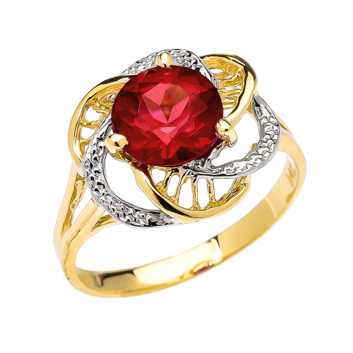 Yellow Gold Garnet Solitaire Modern Flower Ladies Ring