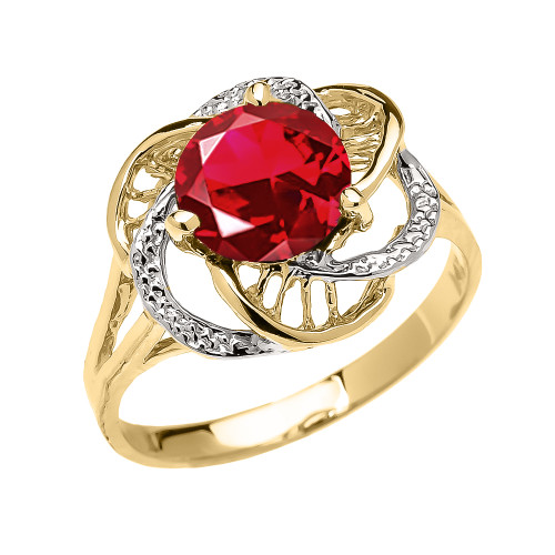 Yellow Gold (LCR) Ruby Solitaire Modern Flower Ladies Ring