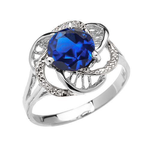 White Gold CZ Sapphire Solitaire Modern Flower Ladies Ring