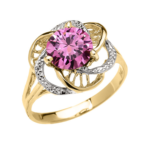 Yellow Gold Pink CZ Solitaire Modern Flower Ladies Ring