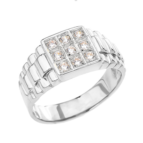 White Gold Diamond Men's Ring With Watch Band Design