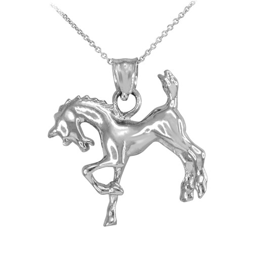 Polished White Gold Stallion Horse Pendant Necklace
