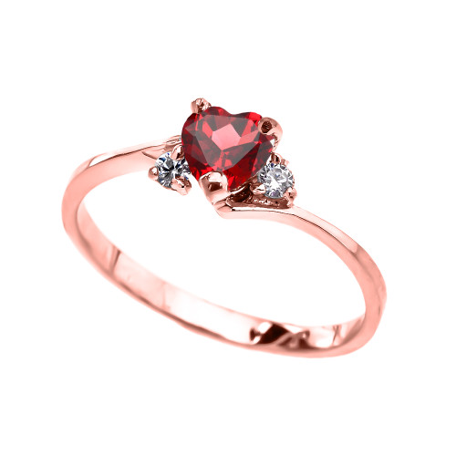 Dainty Rose Gold (LCR) Ruby And White Topaz Heart Promise Ring