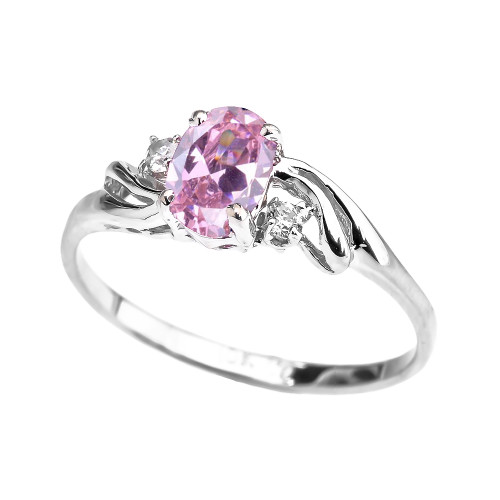 White Gold CZ Pink Oval Solitaire Proposal Ring