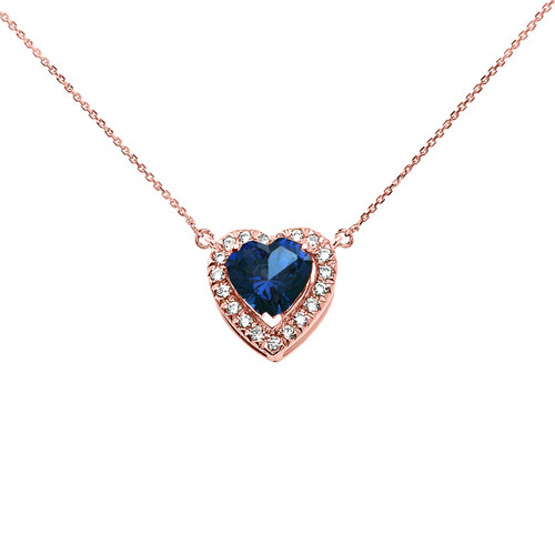 Elegant Rose Gold Diamond and September Birthstone Blue Heart Solitaire Necklace