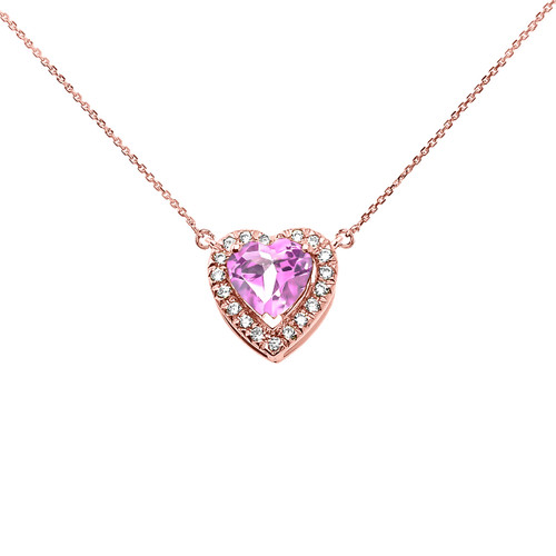 Elegant Rose Gold Diamond and October Birthstone CZ Pink Heart Solitaire Necklace