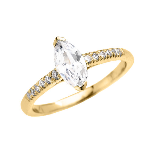 Yellow Gold Dainty Diamond Engagement Ring With 1.25 Carat Marquise Shape Cubiz Zirconia Center Stone