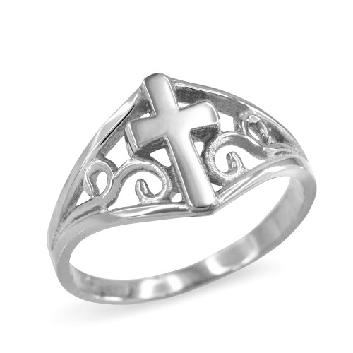 Cross Ring in White Gold with Filigree Motif