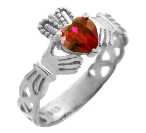 White Gold Claddagh Trinity Band with Ruby Red  CZ Heart