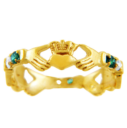Gold Claddagh Ring with Green and Clear Cubic Zirconias.  Available in 14k or 10k gold.