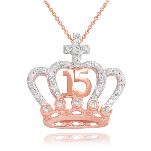 Rose Gold Quinceanera Crown With Cross Pendant Necklace