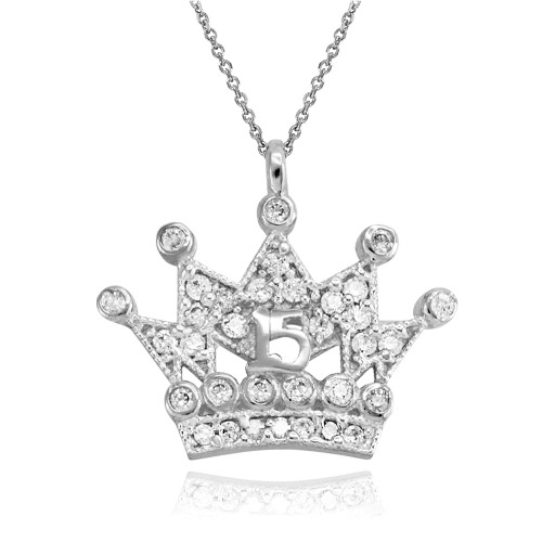 White Gold Quinceanera Princess Crown Pendant Necklace