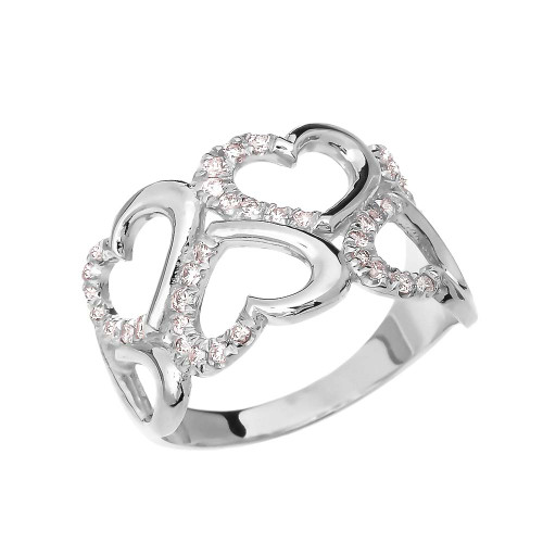 Fancy Elegant White Gold Open Hearts Micro Set Diamond Promise Ring