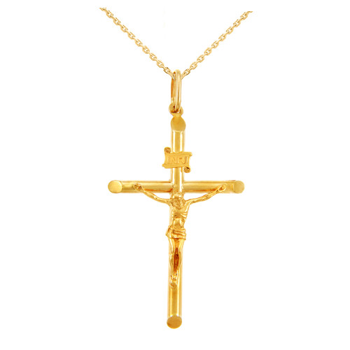 Gold Tubular Cross Charm Catholic Crucifix Pendant Necklace