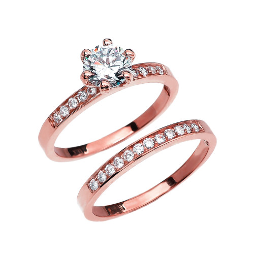 Diamond Rose Gold Engagement And Wedding Solitaire Ring Set With 1 Carat White Topaz Center stone