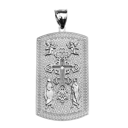 Russian Orthodox Cross White Gold Engraveable Dog Tag Pendant Necklace