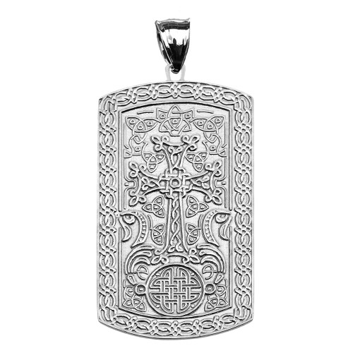 Armenian Cross (Khachkar) White Gold Engraveable Dog Tag Pendant Necklace