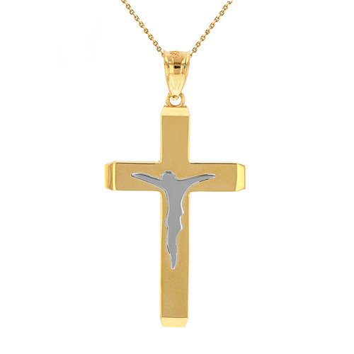 Two Tone Solid Yellow Gold Layered Cross Jesus Christ Silhouette Pendant Necklace  1.78"  (45  mm)