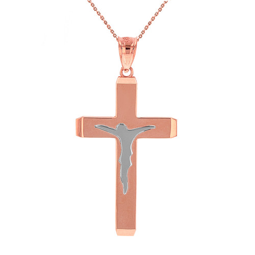 Two Tone Solid Rose Gold Layered Cross Jesus Christ Silhouette Pendant Necklace  1.78"  (45  mm)