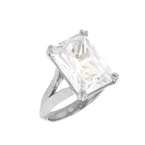 White Gold Solitaire Emerald Cut Cubic Zirconia  Engagement Ring