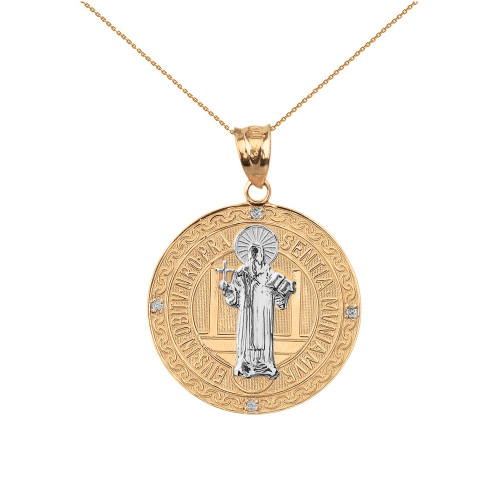 Two Tone Solid Yellow Gold Saint Benito Engravable Diamond Medallion Pendant Necklace  1.03" ( 26 mm)