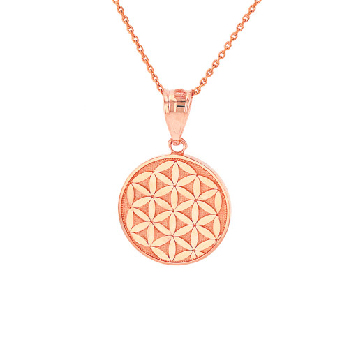 Solid Rose Gold Flower of Life Dainty Disc Medallion Pendant Necklace