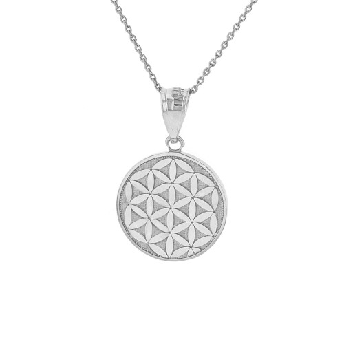 Solid White Gold Flower of Life Dainty Disc Medallion Pendant Necklace