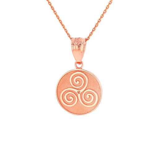 Solid Rose Gold Celtic Triple Spiral Triskele Irish Knot Disc Medallion Pendant Necklace